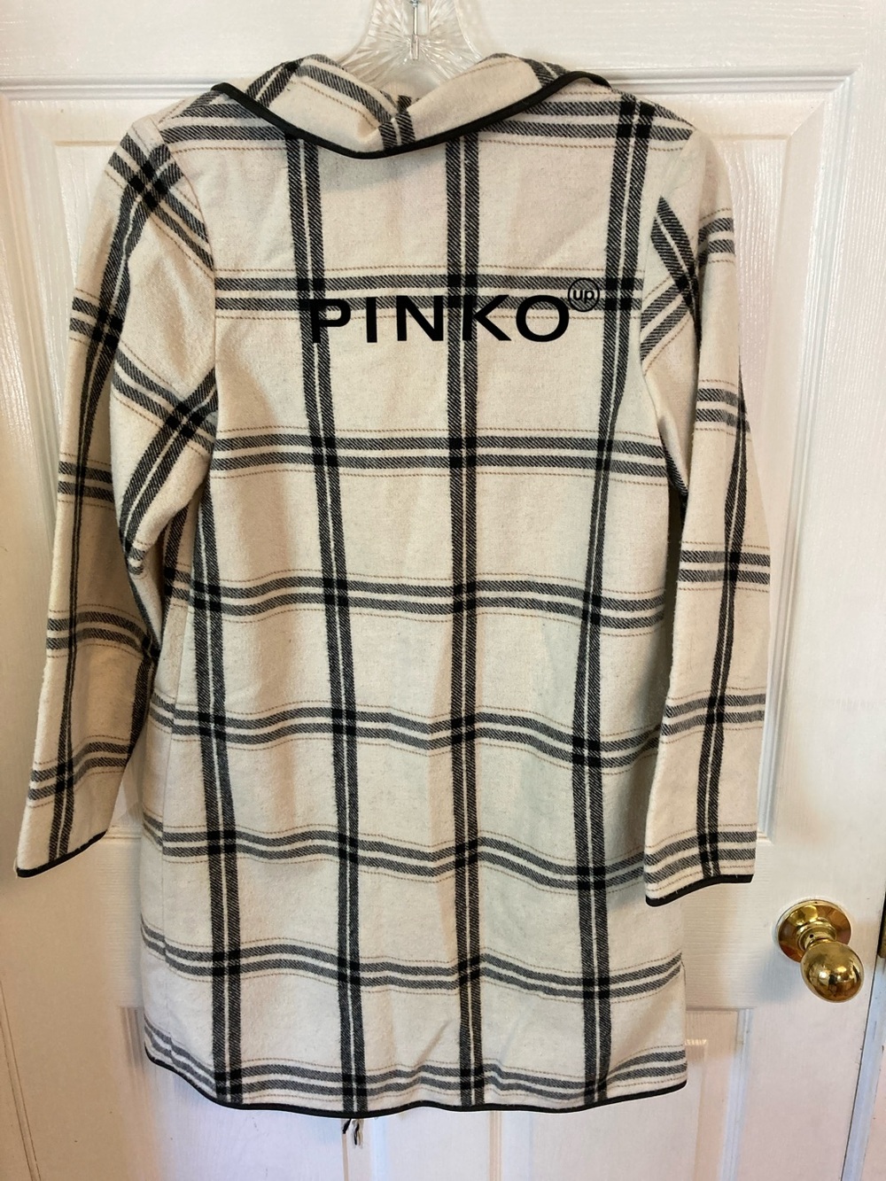 PINKO Cream and Black Plaid Fringe Wool Blend Jacket - Picture 7 of 11